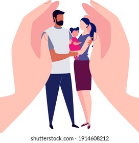Equality in the family. Social protection, help for parents with children. Hands protect the man and woman hugging their daughter. Vector illustration, flat cartoon style.