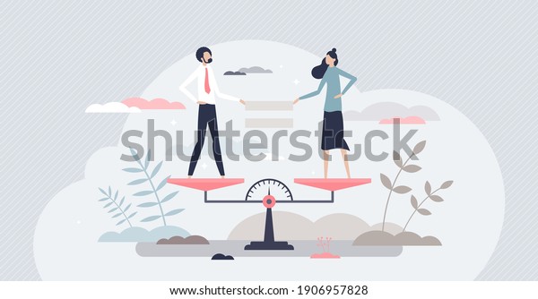 Equality as female gender balance and fair\
comparison tiny person concept. Feminism and discrimination\
eradication with career opportunity and business wage attitude\
equivalence vector\
illustration.