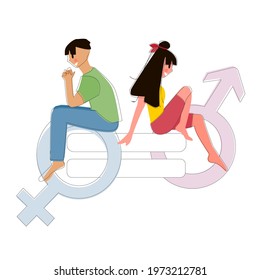 Equality gender. A happy man and woman sit on the equal sign. vector flat illustration