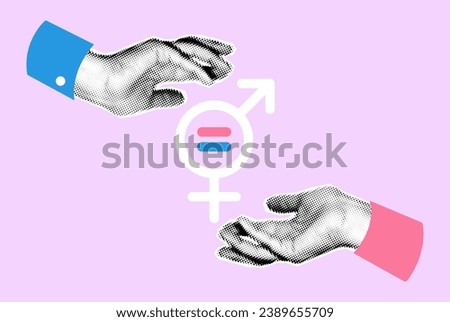Equality gender symbol art collage with male and female hands showing equal sign. Parity, rights, equity, unity concept. Banner, poster with halftone modern retro cutout elements