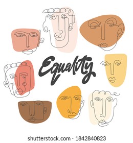 Igualdad. Cartel de una línea dibujada a mano en la cara. Antiracista