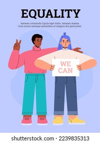 Equality and human rights poster or banner mockup flat vector illustration. Equal rights and social opportunities for different race and gender groups of society.