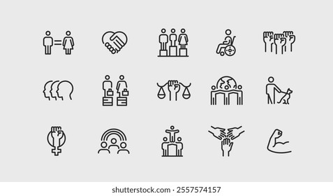 Equality icons. Set of 15 Equality trendy minimal icons representing diverse social issues, including gender equality, accessibility, unity. Design signs for web page, mobile app. Vector illustration