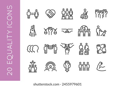 Equality icons. Set of 20 Equality trendy minimal icons representing diverse social issues, including gender equality, accessibility, unity. Design signs for web page, mobile app. Vector illustration