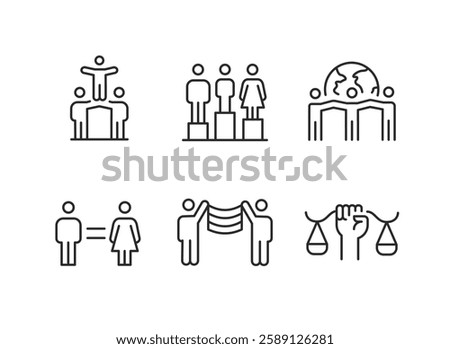 Equality icons. Set of 6 Equality trendy minimal icons representing diverse social issues, including gender equality, accessibility, unity. Design signs for web page, mobile app. Vector illustration