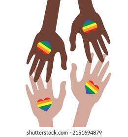 Equality illustration. Hands with LGBTQ sign on it. Vector illustration with a hearts. 