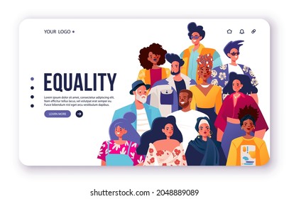 Equality, landing page template. Multinational people standing tougether. Relationships, the concept of friendship, equality, absence of ageism and racism in society. Cartoon flat vector 