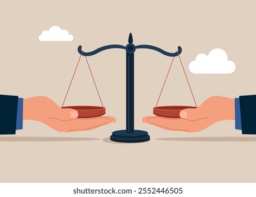 Equality law in society and social justice. Business seesaw and balance. Legal support and lawyer advice concept as two hands holding a justice scale. Flat vector illustration