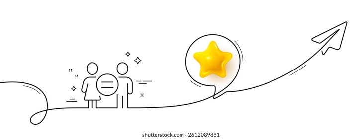 Equality line icon. Continuous line with share plane. Ethics balance sign. Equal gender symbol. 3d star in speech bubble. Equality single line ribbon. Loop curve pattern. Vector
