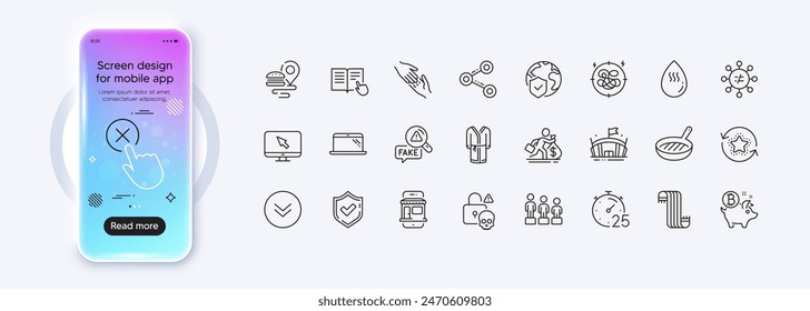 Equality, Marketplace and Hot water line icons for web app. Phone mockup gradient screen. Pack of Reject click, Stress, Laptop pictogram icons. Confirmed, Cyber attack, Internet signs. Vector