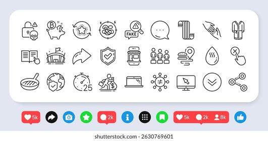 Equality, Marketplace and Hot water line icons pack. Social media: share, comment, like icons. Reject click, Stress, Laptop web icon. Confirmed, Cyber attack, Internet pictogram. Vector