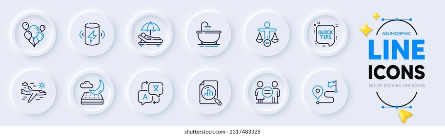 Equality, Night mattress and Quick tips line icons for web app. Pack of Airplane travel, Ethics, Analytics graph pictogram icons. Balloons, Charge battery, Sunbed signs. Translate, Bath. Vector