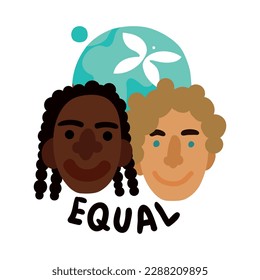 Equality and peace flat emblem with smiling international human faces vector illustration