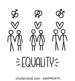 Equality Of A Same Sex, Homosexual And Heterosexual Couples With Holding Hands Man And Woman Figures, Heart Symbols Vector Clipart For LGBT Community Support Banner Or Poster.