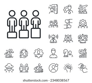 Equality sign. Specialist, doctor and job competition outline icons. Equity culture line icon. Gender diversity symbol. Equity line sign. Avatar placeholder, spy headshot icon. Strike leader. Vector