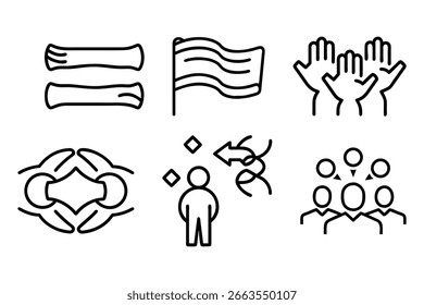 Gleichheitszeichen, Waving Flag, Raised Hands, Unity Hands, Conflict und Community Group Line Icons