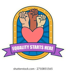La igualdad comienza aquí Ilustración de la unidad con puños levantados y símbolo del corazón para el día de la LMK