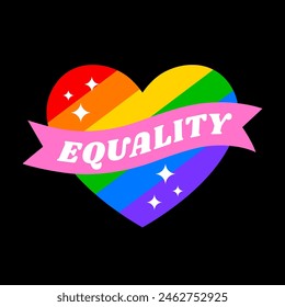 Equality typography with heart and rainbow striped background. Pride month celebration badges design.