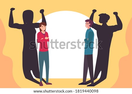 Equality vector concept: Young woman and man showing their strength on the shadow 