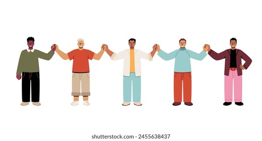Equality. Vector illustration of men from different backgrounds holding hands. Demonstrates the idea of universal friendship, rights and solidarity.