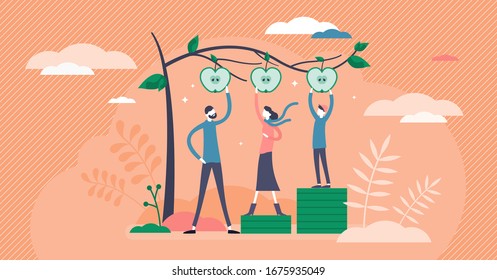 Equality vector illustration. Same status possibly flat tiny persons concept. Honest different social group division for fair result outcome. Society collaboration scene with more advantage situation.