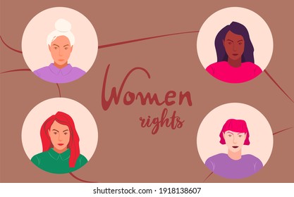 Equality and women's rights vector illustrations. Image of four ladies in a circle