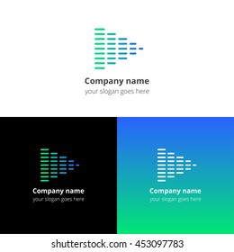 Equalizer beat into play music sound icon, flat logo vector template. Abstract symbol and button with blue-green gradient for music service or company.