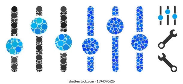 Equalizer composition of round dots in different sizes and color tints, based on equalizer icon. Vector round dots are grouped into blue illustration. Dotted equalizer icon in usual and blue versions.