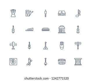 Equalizer, Cymbals, Banjo, Clave, Horn, Lyre, Music store, Balalaika, Voice recording, Keytar, Jack connector outline vector icons from 20 set