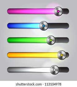 Equalizer glossy glowing track bar. Vector media player elements.