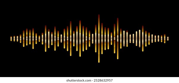 Equalizer gold sound wave pulse with frequency lines. Abstract golden spectrum sound wave line pattern with glowing light effect. Vector digital signal of recording, sonic, voice, music, song.