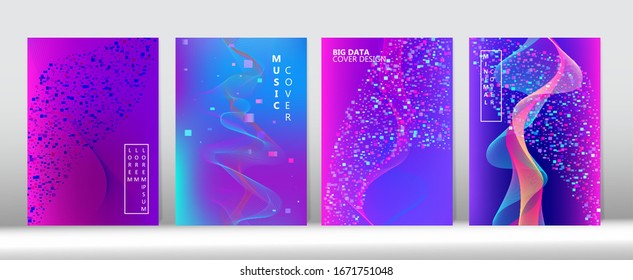 Superposición del degradado del ecualizador. Montaje De Música Futurista Resumen Conjunto De Tapas Modernas. Fondo de escritorio de Big Data Neon Tech. Plantilla de cubierta mínima de formas líquidas 3D. Diseño de la tapa del vector digital púrpura rosa.