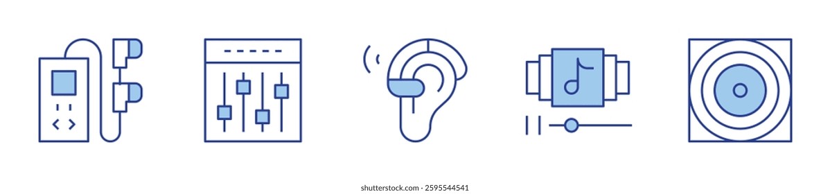 equalizer, hearing aid, playlist, audio system, music player. Audio Icon vector illustration. Line Duotone style. Editable stroke.