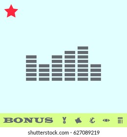 Equalizer icon flat. Grey pictogram on blue background. Vector illustration symbol and bonus buttons medal, cow, earth, eye, calculator