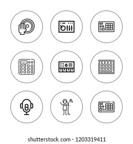 Equalizer icon set. collection of 9 outline equalizer icons with dj mixer, launchpad, sampler, singing, synthesizer icons. editable icons.