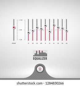 equalizer for media player containing: two audio app designs, equalizer panel, 3d button, textured pattern, stainless steel background, eps10 vector illustration
