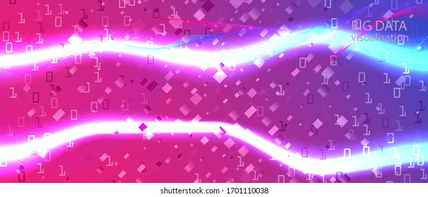 Equalizer Music Vector Background. Cyber Equalizer Slide. Matrix Falling Binary Code. Pink Purple Blue Background. Geometric Colorful Modern Design. Fractal Fluid Data Equalizer Music Banner
