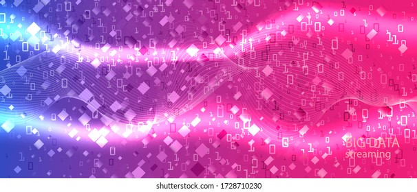 Fondo del vector de música del ecualizador. Fondo Rosa Azul Púrpura. Diapositiva digital futurista. Matriz de datos de flujo fractal que cae código binario. Neon Tech Funky Trendy Design. Banner de música de ecualizador