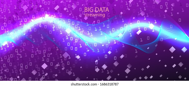 Equalizer Music Vector Landing Page. Tech Neon Funky Music Template. Pink Blue Purple Background. Fractal Fluid Data Matrix Falling Binary Code.  