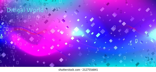 Página de inicio de vectores de música ecualizador. Código binario de Flying Matrix. Diapositiva de ecualizador digital. Fluido Fractal Data Fondo Azul Púrpura Rosa. Tech Neon Colorful Music Template. Banner de música de ecualizador