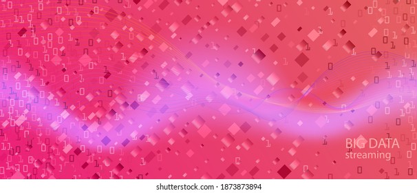 Equalizer Music Vector Präsentation. violetter, rosafarbener Hintergrund. Matrix Fallender Binärcode. Neon Tech Funky Music Design. Digital Equalizer Slide von Fractal Liquid Glow. Equalizer-Musikbanner