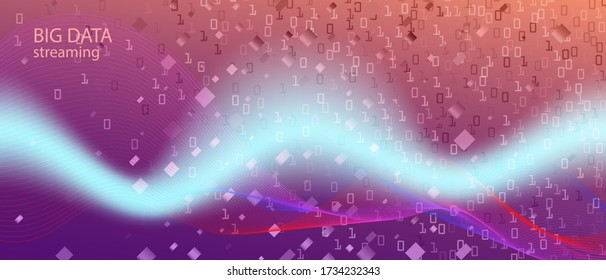 Equalizer Music Vector Wallpaper. Matrix Flying Binary Code. Fractal Fluid Code Cyber Futuristic Slide. Technology Colorful Trendy Design. Purple Pink Blue Background. Equalizer Music Banner