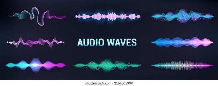 Equalizer music visualisation, sound waves futuristic set. Frequency audio waveform, voice graph, music wave, signal in modern style. Sound recognition. Microphone Voice control. Vector equalizer set