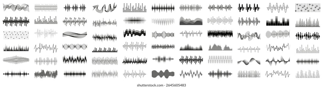 Coleção de ondas de música do equalizador. Conjunto de onda de música negra. Coleção de batidas de onda de linha de música preta