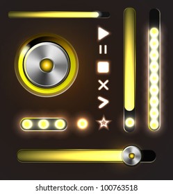 Equalizer and player glossy metal buttons with track bar. Set of vector media elements.