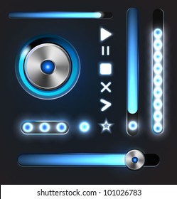 Equalizer and player glossy metal buttons with track bar. Set of vector media elements.