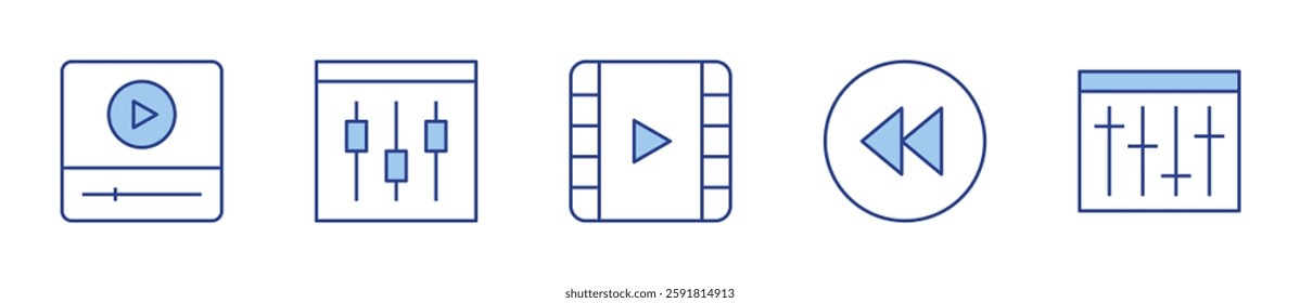 equalizer, settings, play, video, previous. Multimedia Icon vector illustration. Line Duotone style. Editable stroke.