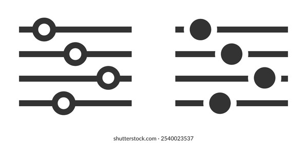 Equalizer and sound control sliders in different designs, showcasing audio settings and balance concepts. Vector illustration.