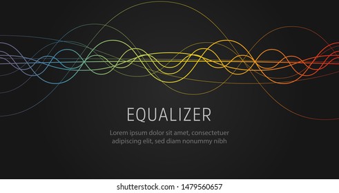 Equalizer sound wave colorful wavy lines on black background. Vector illustration.