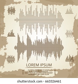 Equalizer and sound waves vintage poster. Music poster template with audio wave. Vector illustration